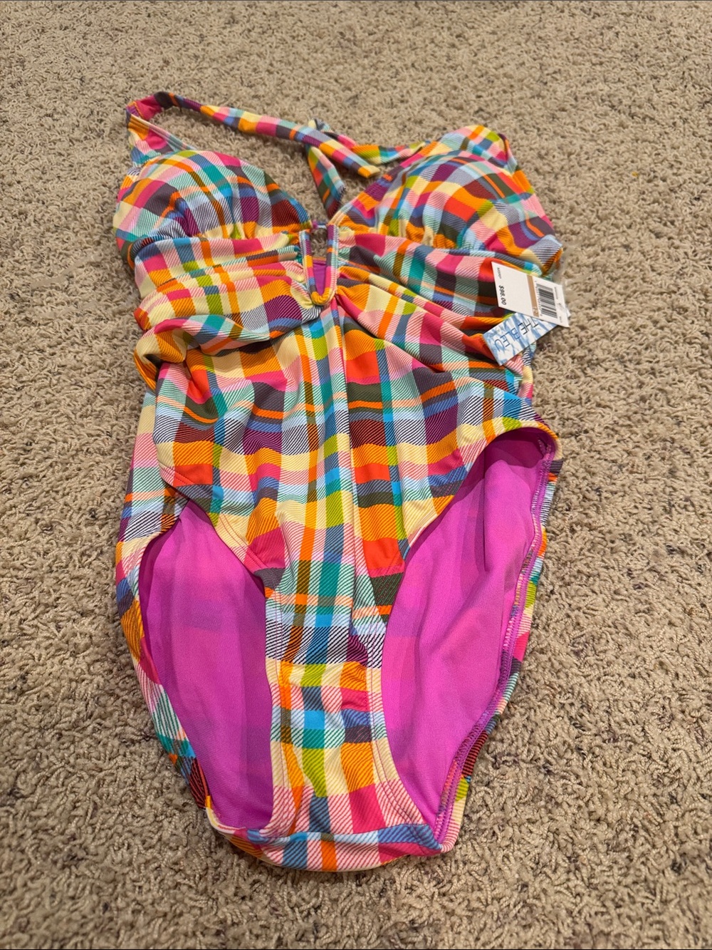 Colorful Plaid One-Piece Swimsuit with Pink Lining